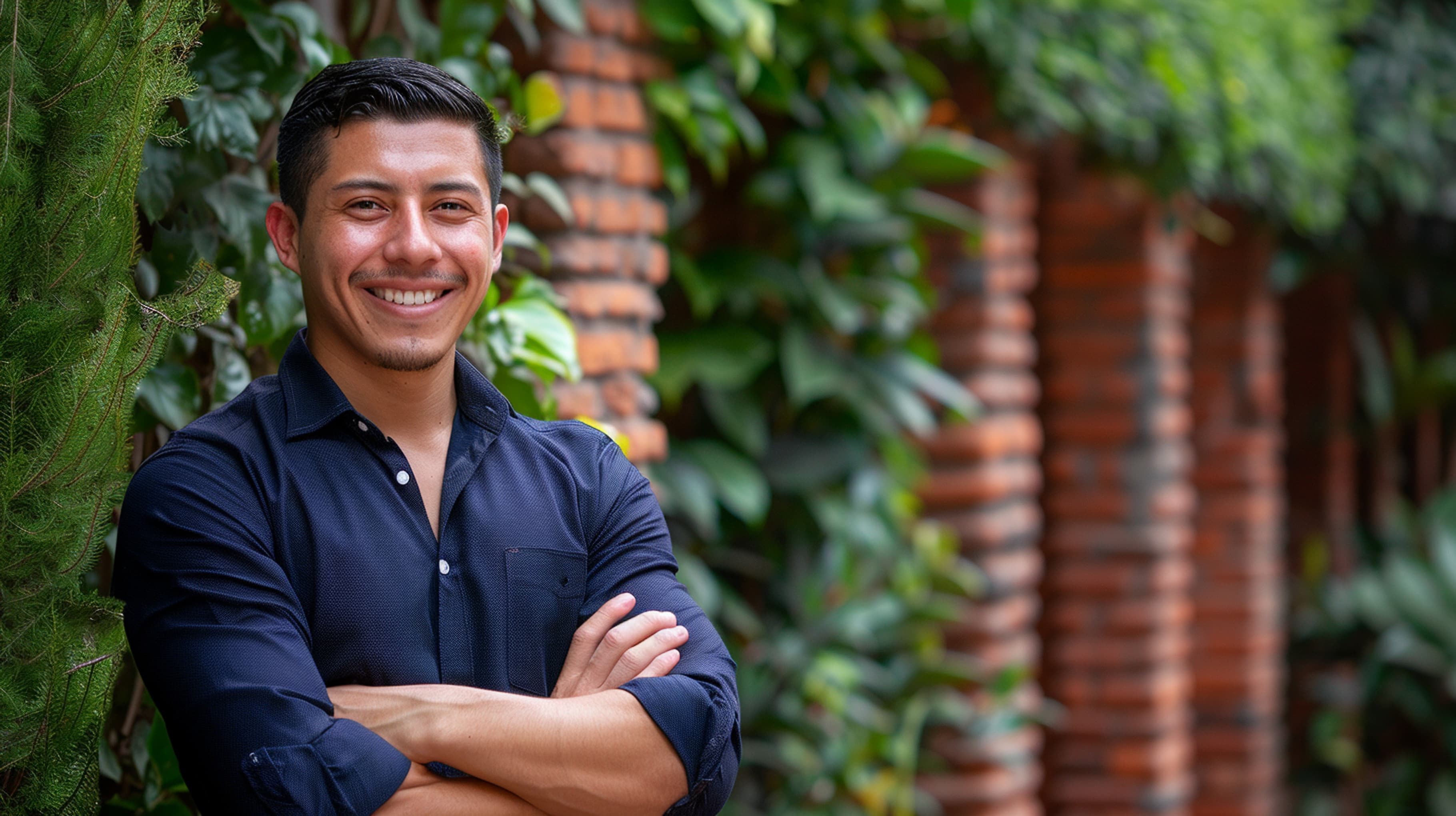 Smiling handsome hispanic man with arms crossed