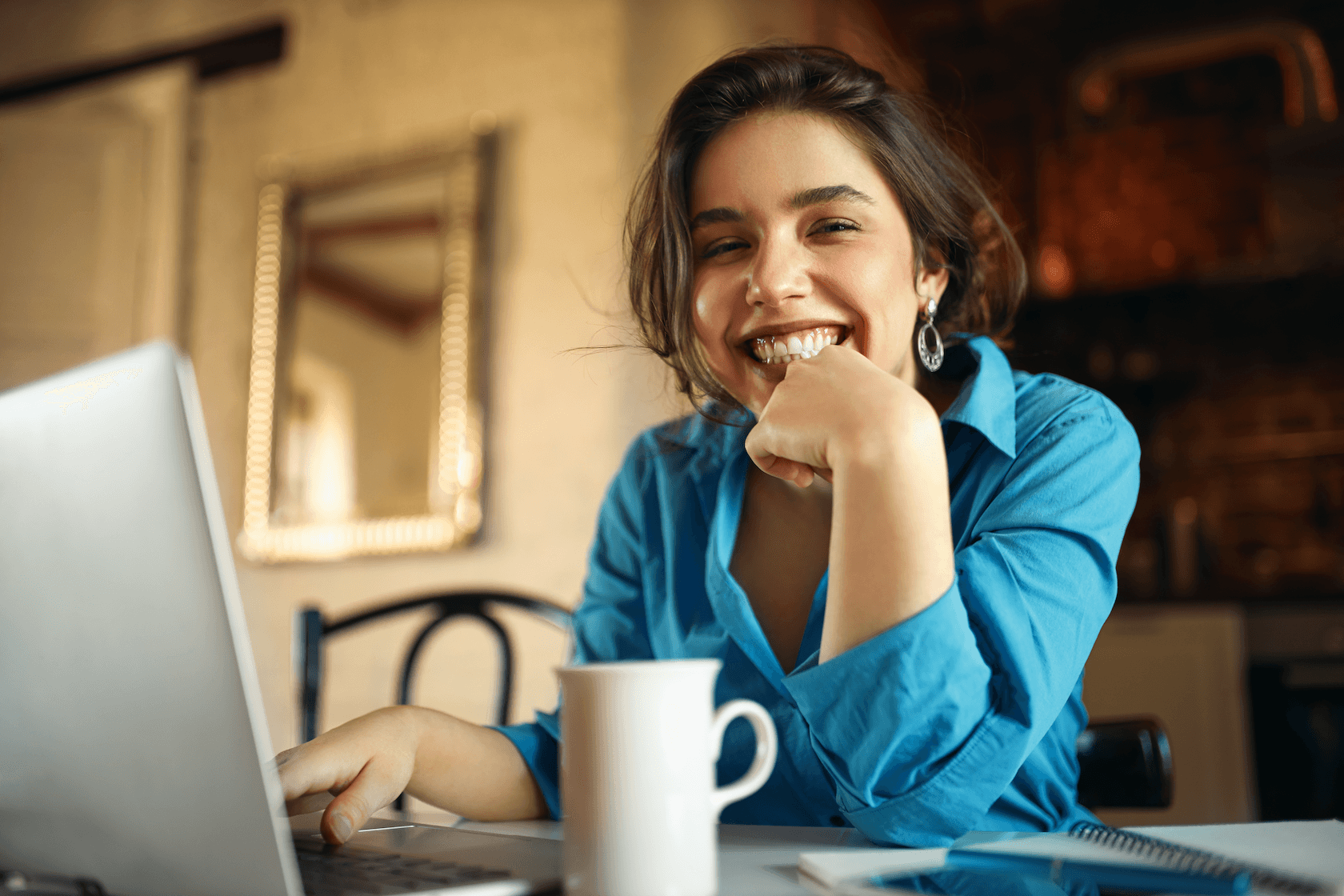 happy woman smilling while preparing to work from home